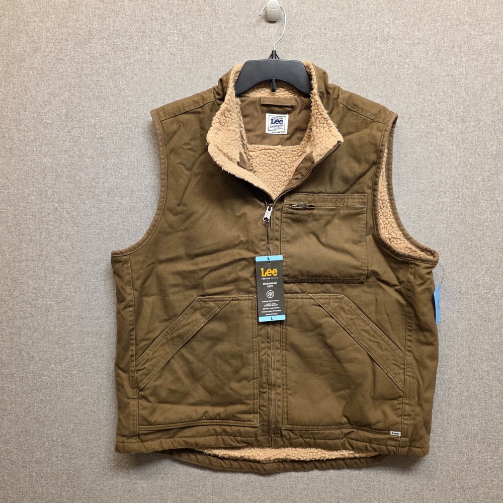 Lee Premium Select Gorpcore Workwear Vest Khaki Duck Canvas Sherpa Lined Mens L